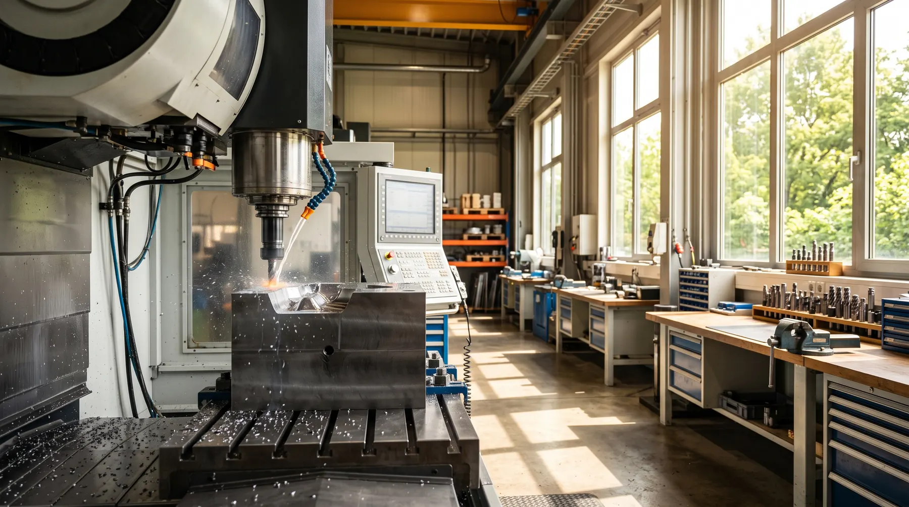 CNC machine cutting a steel mold in a workshop