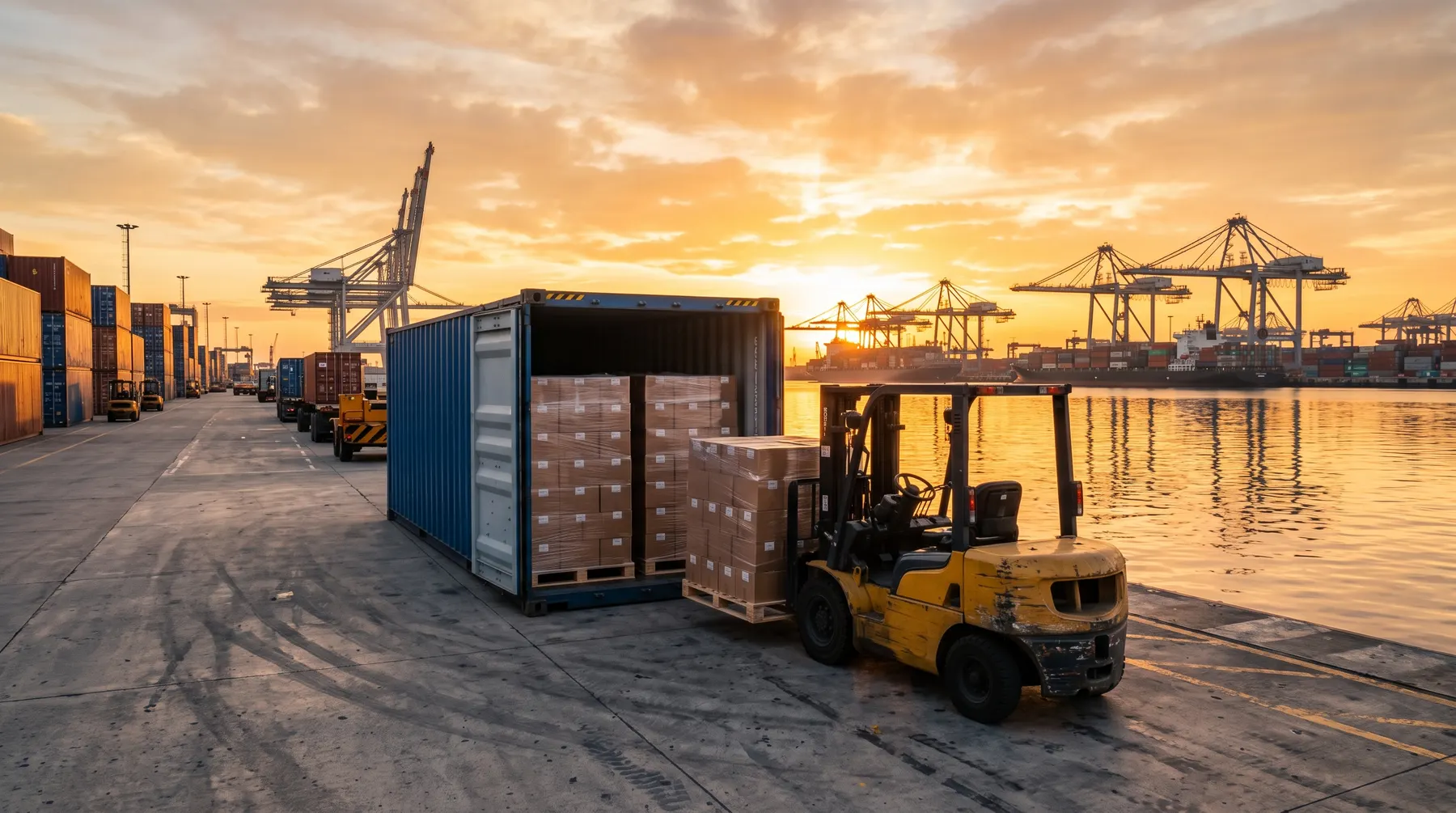 Shipping container being loaded at a port at sunrise