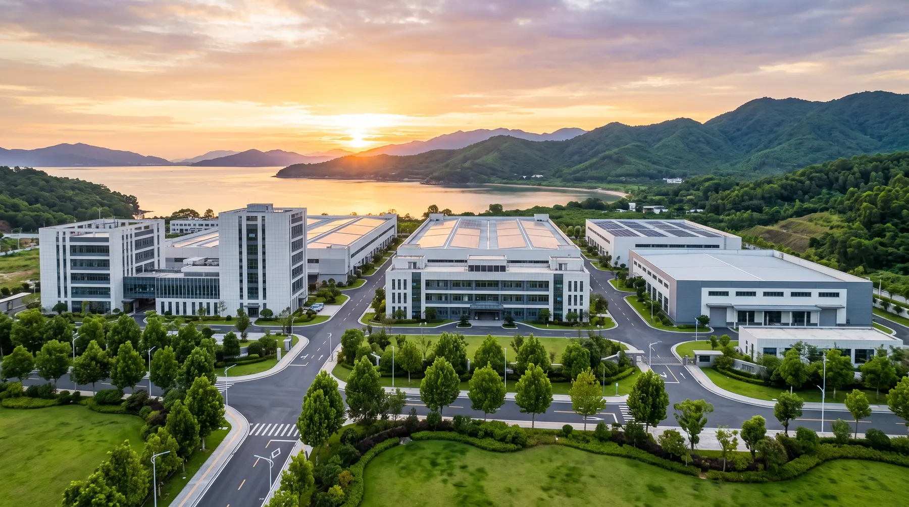 Factory complex at sunrise with surrounding hills and coastal bay