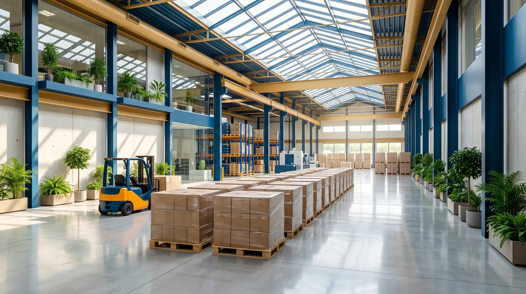 Metal stamping production floor illuminated by natural workshop skylights