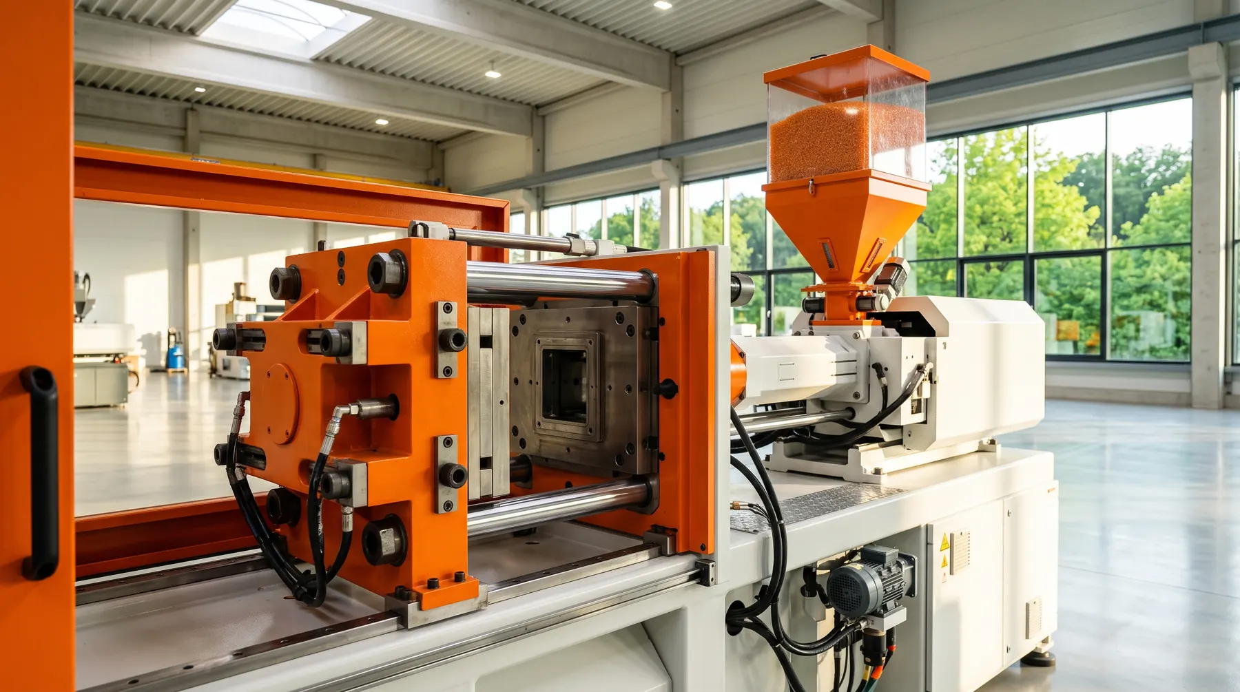 Injection molding machine on a factory production floor