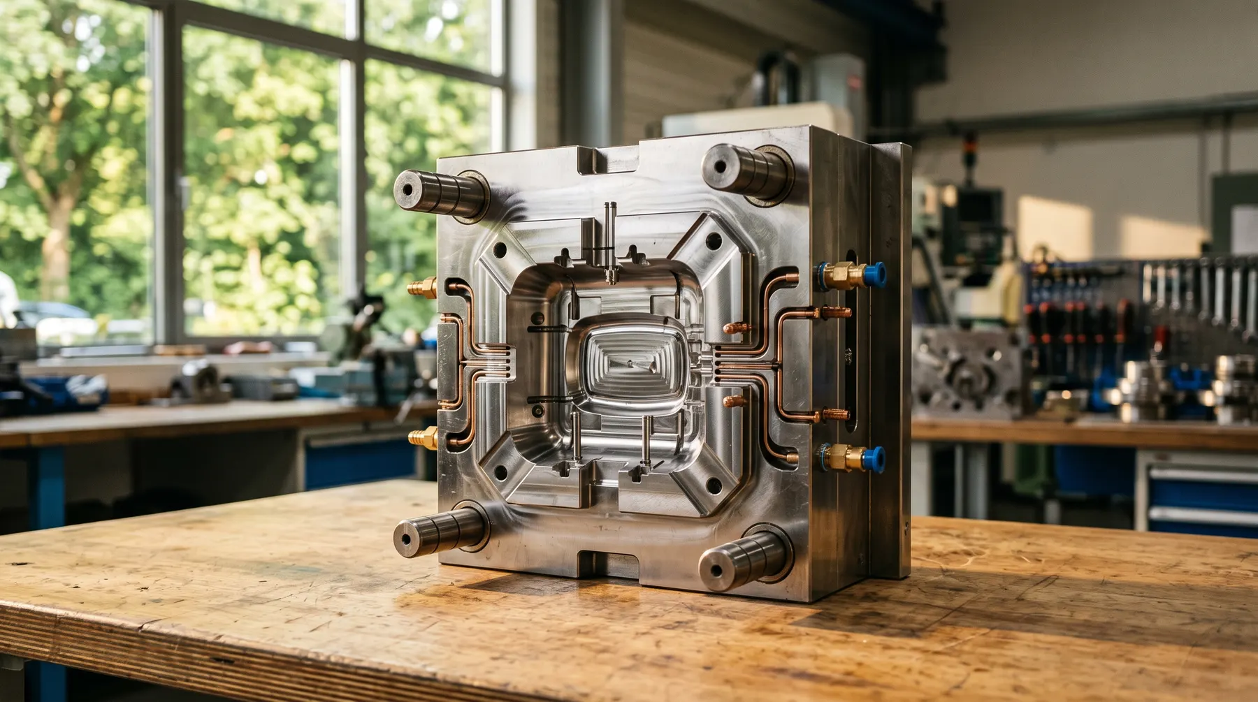 Steel injection mold on a workshop table