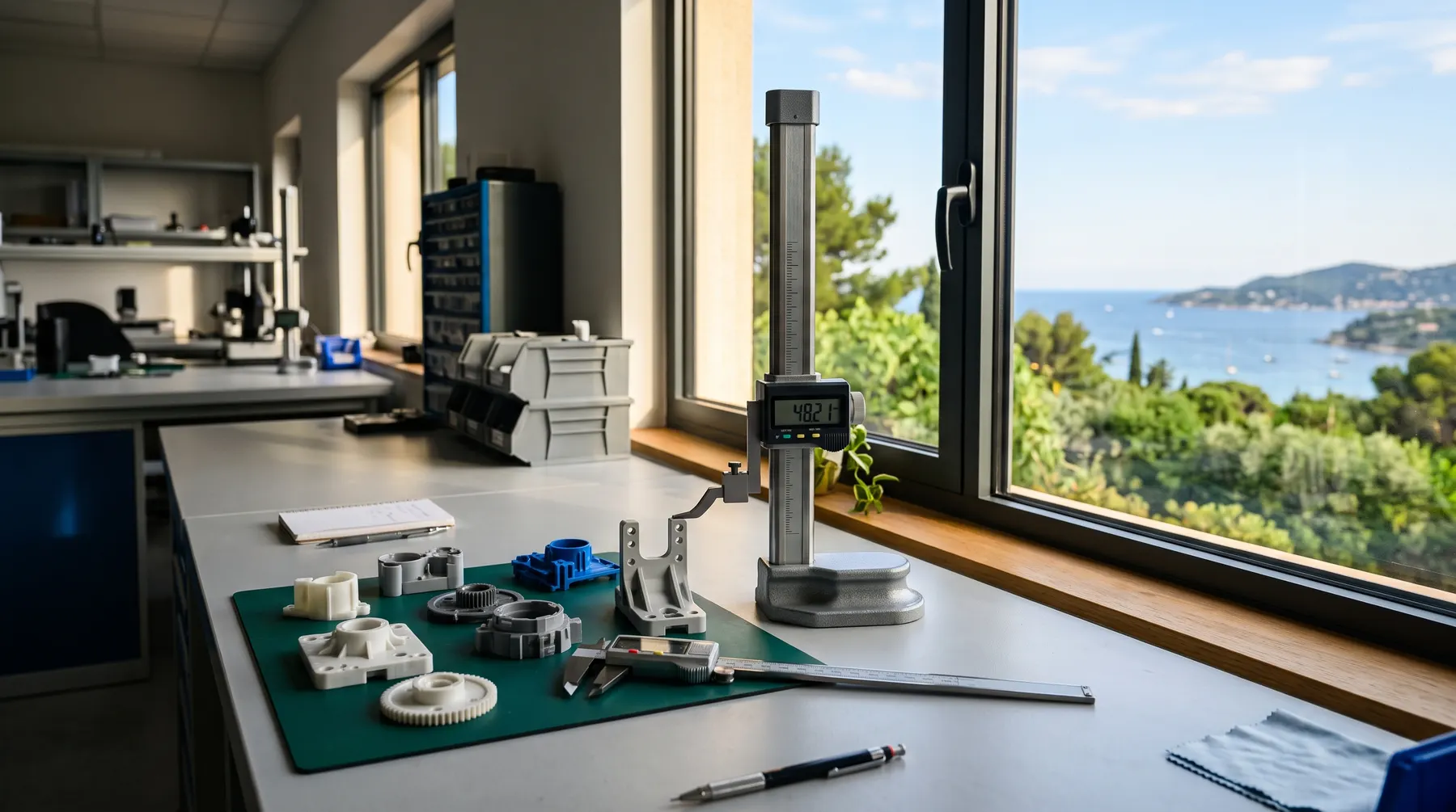 Quality inspection table with molded parts and measuring tools