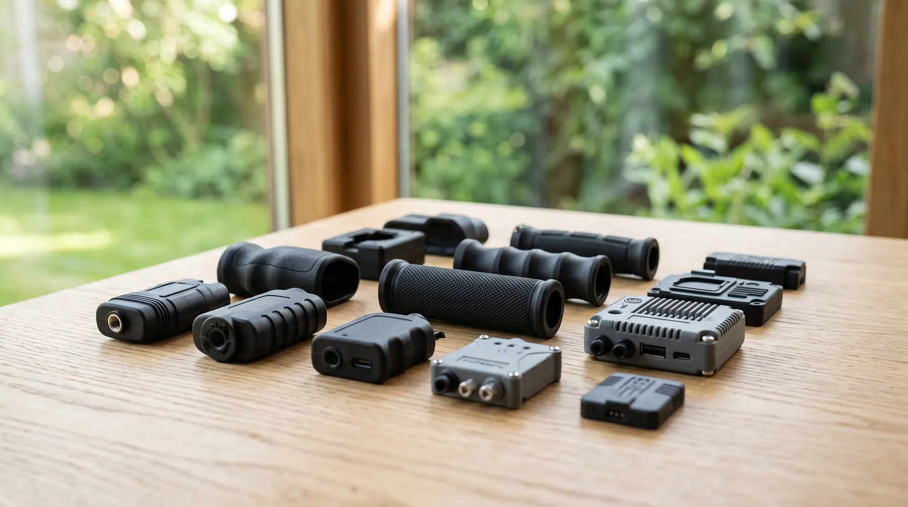 Rubber overmolded components on a wooden table