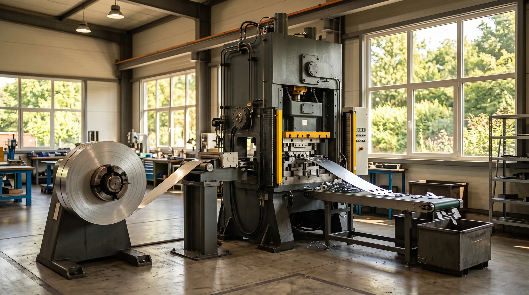 Metal stamping press feeding steel strip from a coil
