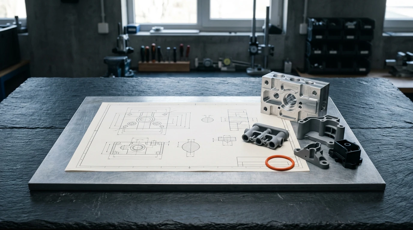 Technical CAD drawing sheet on a workstation bench alongside molded sample components and machined block